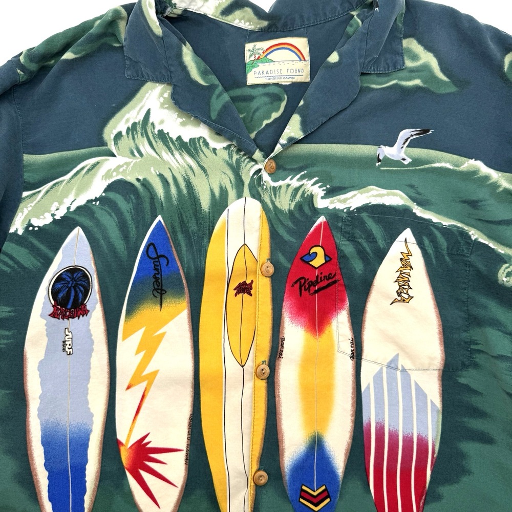 Paradise Found Button Up Shirt Mens L Teal Surfboard Wave Graphic Hawaiian Aloha